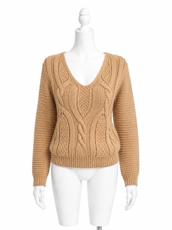 Sweaters - Pretty Guide V-Neck Cable Knit Sweater in Camel